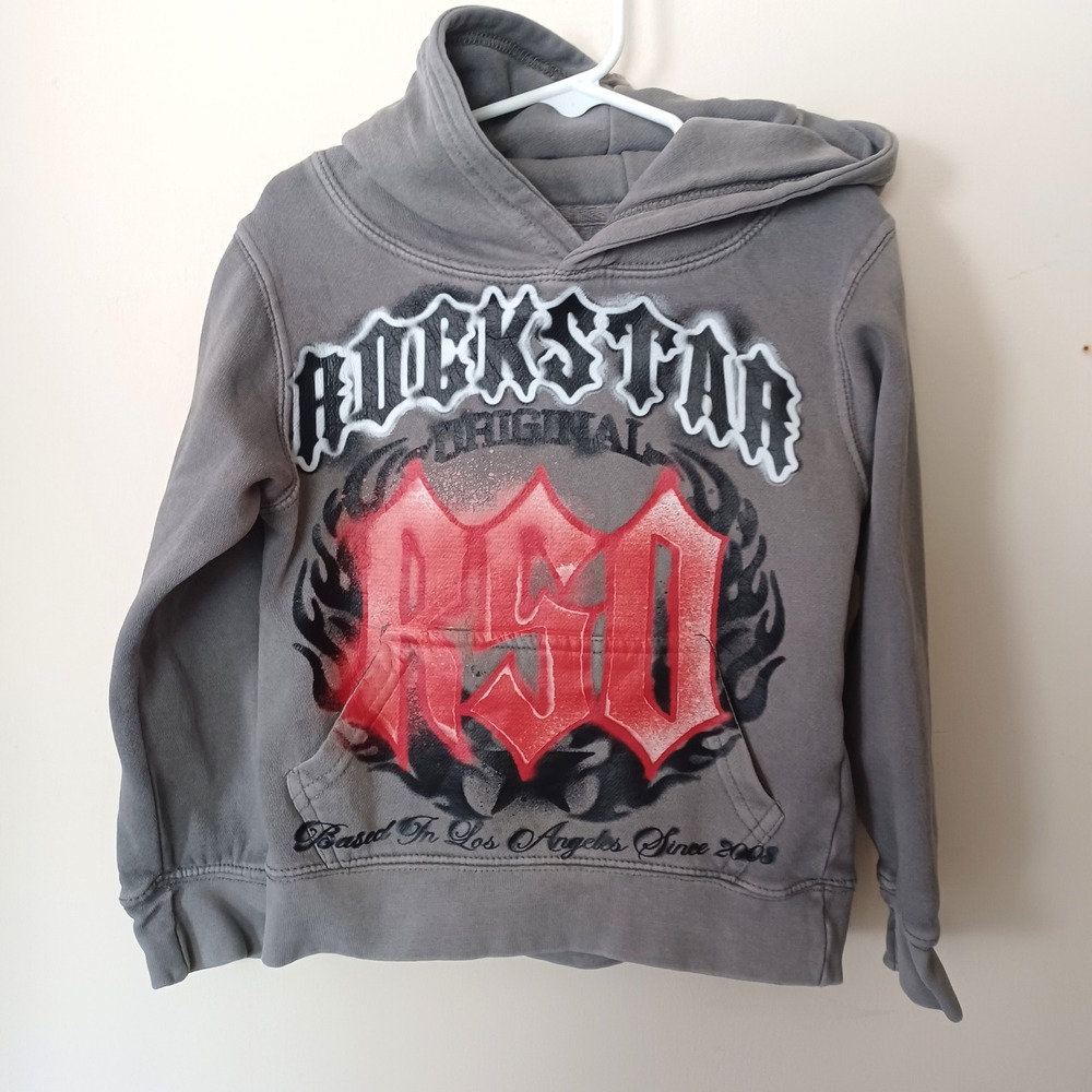 Rockstar Original Hoodie Kids 4T Grey RSO Graphic Streetwear Pullover Sweatshirt